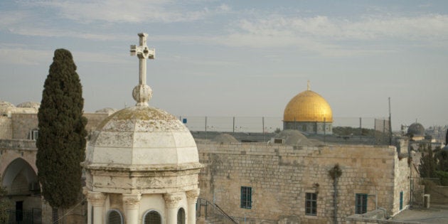 Jerusalem - Mosque Dome of the Rock and Cross Franciscan Dome, Islamic in front of Christianity.