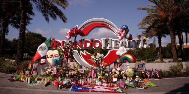 ORLANDO, FL - JUNE 15: A makeshift memorial for the victims of the Pulse Nightclub shooting, near Orlando Regional Medical Center down the street from the crime scene, June 15, 2016 in Orlando, Florida. The shooting at Pulse Nightclub, which killed 49 people and injured 53, is the worst mass-shooting event in American history. (Photo by Drew Angerer/Getty Images)