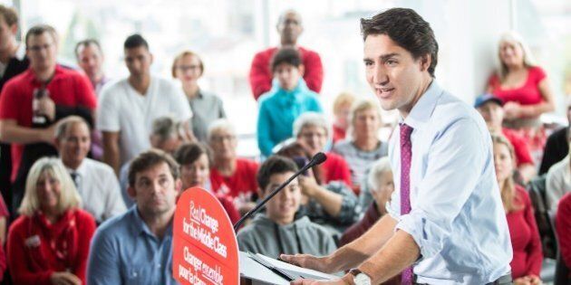Liberal leader Justin Trudeau speaks at a rally at Goodwill Industries during a campaign stop in London, Ontario on October 7, 2015. AFP PHOTO/GEOFF ROBINS (Photo credit should read GEOFF ROBINS/AFP/Getty Images)