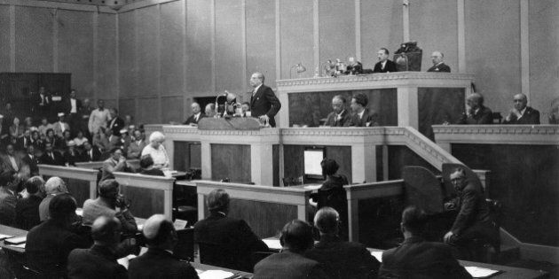 Leon Blum performing a speech at the League of Nations (LN) in Geneva, July 1936. (Photo by: Photo12/UIG via Getty Images)