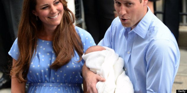 LONDON, UNITED KINGDOM - JULY 23: Prince William, Duke of Cambridge and Catherine, Duchess of Cambridge with their newborn son speak to the media before departing the Lindo Wing of St Mary's Hospital on July 23, 2013 in London, England. Catherine, Duchess of Cambridge yesterday gave birth to a boy at 16.24 BST and weighing 8lb 6oz, with Prince William, Duke of Cambridge at her side. The baby, as yet unnamed, is third in line to the throne and becomes the Prince of Cambridge. (Photo by Anwar Hussein/WireImage)