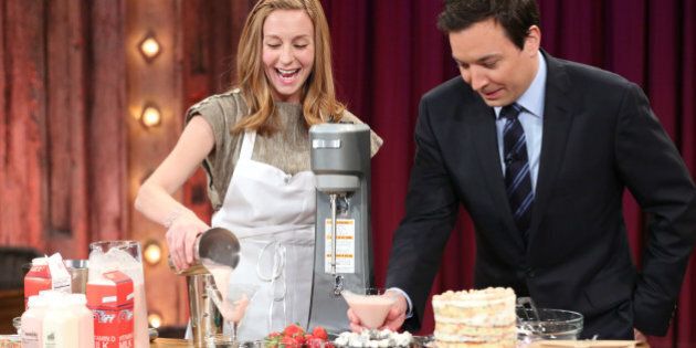 LATE NIGHT WITH JIMMY FALLON -- Episode 781 -- Pictured: (l-r) Christina Tosi with host Jimmy Fallon during an interview on February 12, 2013 -- (Photo by: Lloyd Bishop/NBC/NBCU Photo Bank via Getty Images)
