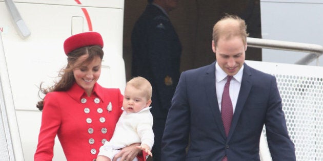 WELLINGTON, NEW ZEALAND - APRIL 07: Catherine, Duchess of Cambridge, Prince William, Duke of Cambridge and Prince George of Cambridge arrive at Wellington Military Terminal on an RNZAF 757 from Sydney on April 7, 2014 in Wellington, New Zealand. The Royal Family have arrived in New Zealand for the first day of a Royal Tour to New Zealand and Australia. Over a period of three weeks the Royal trio will visit 12 Cities in New Zealand and Australia taking part in activities as wide ranging as a yacht race in Auckland Harbour, paying their respects to victims of the 2011 earthquake in Christchurch and visiting Ayres Rock in Australia. (Photo by Chris Jackson/Getty Images)