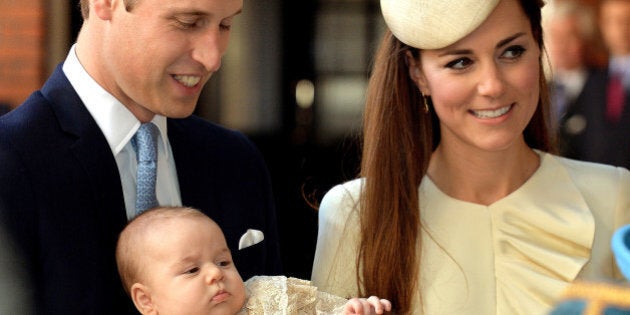 Britain's Prince William, Duke of Cambridge and his wife Catherine, Duchess of Cambridge, arrive with their son Prince George of Cambridge at Chapel Royal in St James's Palace in central London on October 23, 2013, ahead of the christening of the three month-old prince. Prince William and his wife Catherine gather close friends and family on Wednesday for the christening of their baby son Prince George, in a low-key ceremony far removed from the global hype surrounding their wedding. AFP PHOTO/POOL/JOHN STILLWELL (Photo credit should read JOHN STILLWELL/AFP/Getty Images)