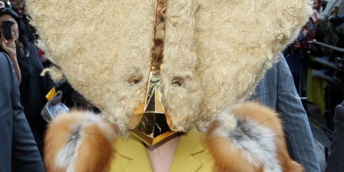 lady gaga chicken dress Lady Gaga's Chicken Mask Is The Scariest Thing You'll See Today (PHOTOS)