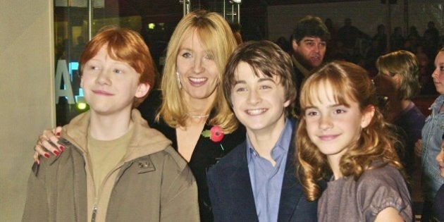 LONDON - NOVEMBER 04: Writer J K Rowling with actors, Daniel Radcliffe, Rupert Grint and Emma Watson at the UK Film Premiere of 'Harry Potter And The Philosopher's Stone', held at the Odeon, Leicester Square on 4th November 2001, in London. (Photo by Dave Benett/Getty Images).