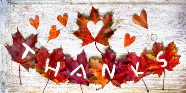 Thanksgiving day concept/Autumn thanksgiving day background with red and yellow leaves with word