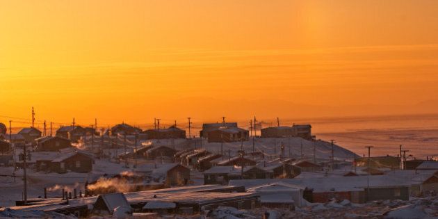 Pond Inlet, Nunavut, Canada, Inuit community Baffin Island. Sunset in Winter, good copy space.