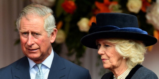 WINDSOR, ENGLAND - APRIL 08: Prince Charles, Prince of Wales (L) and Camilla, Duchess of Cornwall (R) attend a ceremonial welcome for Irish President Michael D. Higgins at Windsor Castle on April 8, 2014 in England. This is the first official visit by the head of state of the Irish Republic to the United Kingdom. (Photo by Ben Stansall - WPA Pool/Getty Images)