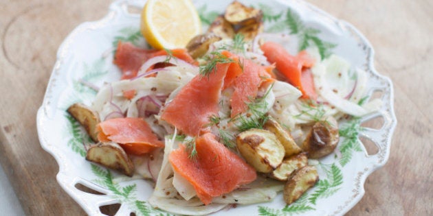 This March 31, 2014 photo shows a shaved fennel and smoked salmon salad in Concord, N.H. (AP Photo/Matthew Mead)