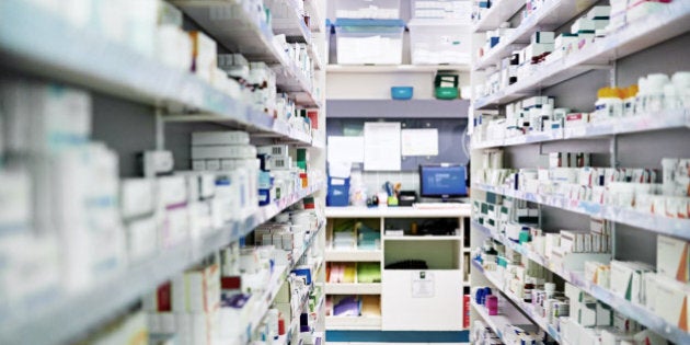 Shot of shelves stocked with various medicinal products in a pharmacy