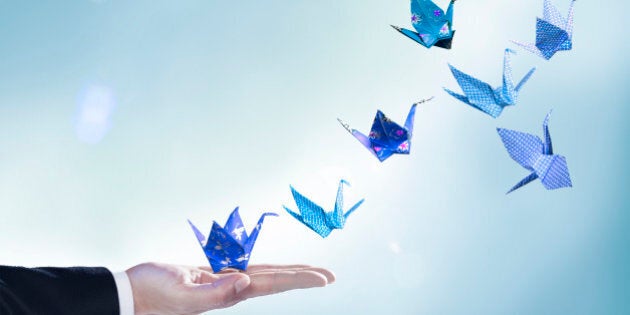 origami, cranes, blue, hand, sleeve, paper craft, studio background, floral print, checked print, dark blue, light blue