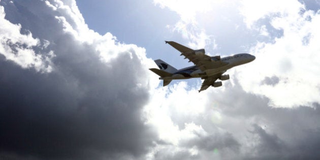 An Airbus SAS A380 passenger aircraft, operated by Malaysian Airline System Berhad, takes off from Heathrow airport in London, U.K., on Tuesday, March 29, 2016. Malaysian Airlines is the national air carrier of Malaysia operating jet services on a network of domestic and international destinations in four continents. Photographer: Chris Ratcliffe/Bloomberg via Getty Images