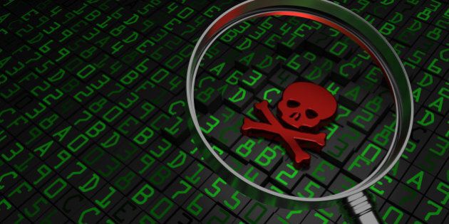 Malware, virus, ransomware, Red Skull laying on hex data.