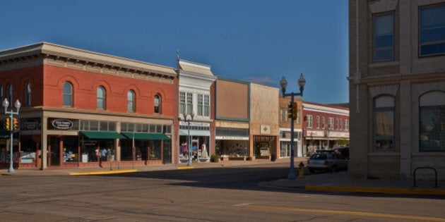 A morning view of the stores on main street in the small town of Laramie, Wyoming.