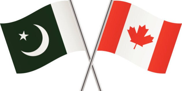 Canadian and Pakistan flags. Vector illustration.