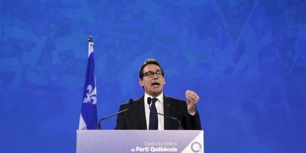 Parti Quebecois leader Pierre Karl Peladeau speaks after being elected during a ceremony at the convention center in Quebec City, May 15, 2015. Canadian media mogul Peladeau was chosen to head the separatist Parti Quebecois on Friday, following an often fractious leadership race over the accommodation of religious minorities and how to take the French-language province out of Canada. REUTERS/Mathieu Belanger
