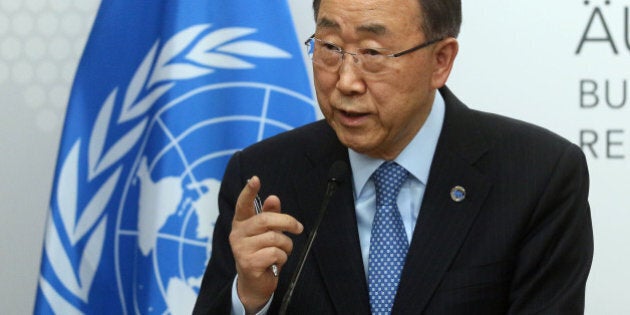 U.N. Secretary General Ban Ki-moon speaks during a press conference as part of a meeting with Austrian Foreign Minister Sebastian Kurz at the foreign ministry in Vienna, Austria, Tuesday, April 26, 2016. (AP Photo/Ronald Zak)