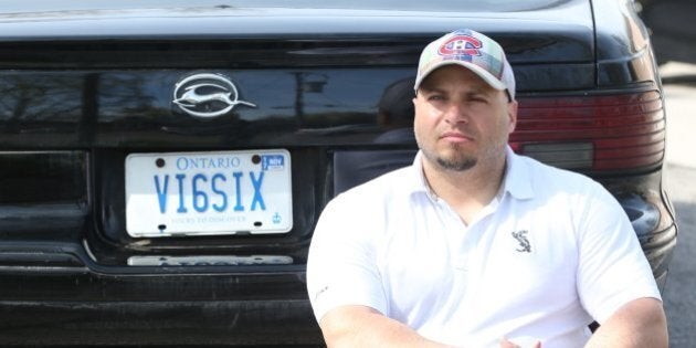 TORONTO, ON - MAY 4: Daniel D'Aloisio poses with his car baring the license plate 'VI6SIX' . He's being forced to change his license plate because according the ministry it has 'religious subject matter.' The custom plate reads 'VI6SIX' which he says is a tribute to his dad, their love of hockey and Mario Lemieux, his favourite player. (Vince Talotta/Toronto Star via Getty Images)