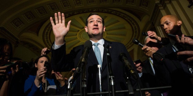 WASHINGTON, DC - OCTOBER 16: U.S. Sen. Ted Cruz (R-TX) speaks after meeting with Republican senators regarding a bipartisan solution for the pending budget and debt limit impasse at the U.S. Capitol October 16, 2013 in Washington, DC. The Senate announced that it had reached a bipartisan deal on funding the federal government and the extending the nation's debt limit after 16 days of a government shutdown. (Photo by Andrew Burton/Getty Images)