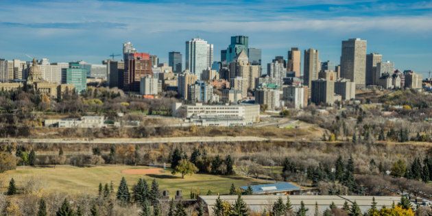 View from Saskatchewan Drive to downtown of the city of Edmonton, Alberta in a fall season