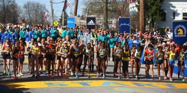 HOPKINTON, MA - APRIL 18: The Elite Women's division prepares to start the 120th Boston Marathon on April 18, 2016 in Hopkinton, Massachusetts. (Photo by Tim Bradbury/Getty Images)