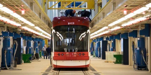 TORONTO, ON - APRIL 6: A new Bombardier streetcar in a service bay during a tour of the new TTC Leslieville Barns in Toronto, Ontario. (Todd Korol/Toronto Star via Getty Images)