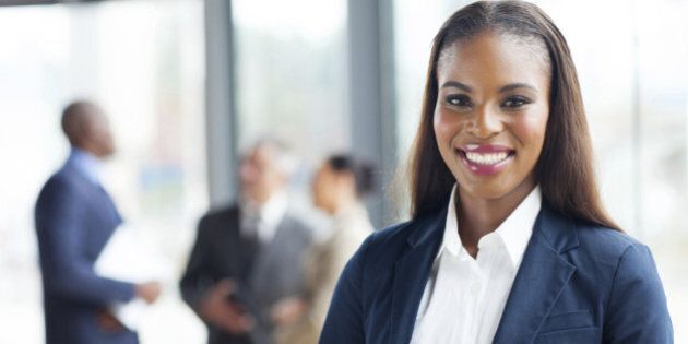 close up portrait of happy african american businesswoman