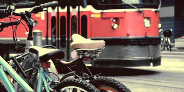 detail of bike and streetcar background downtown in toronto