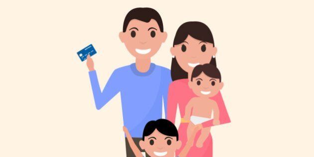 Vector illustration of a cartoon happy family with a plastic credit card. Drawing picture for banks, businesses, lending institutions. Man holds in his hand an electronic card for payment. Shopping.