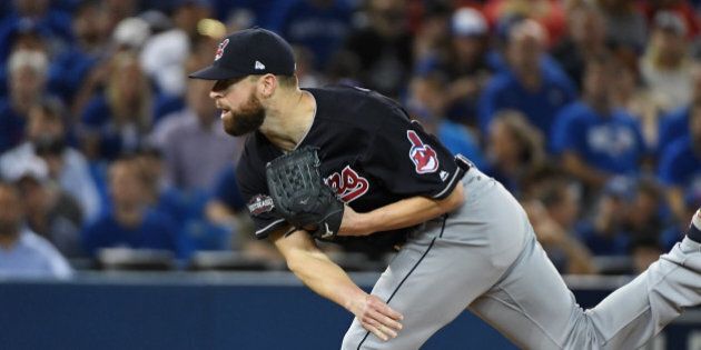 October 18, 2016: Cleveland Indians Starting pitcher Corey Kluber (28) pitches during ALCS Game 4 between the Cleveland Indians and Toronto Blue Jays at Rogers Centre in Toronto ON. Toronto won the game 5-1 to remain in the series down 3-1. (Photo by Gerry Angus/Icon Sportswire via Getty Images)