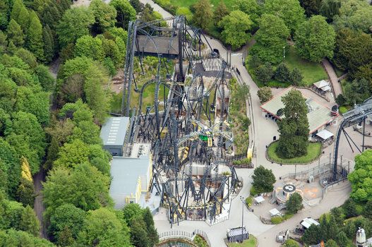 The Smiler ride at an empty Alton Towers can be seen from the air as the attraction is closed to the public today following yesterday's accident on The Smiler ride. Staffordshire, England. June 3 2015