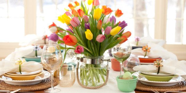 Easter Elegant Place Setting Dining Table with Vase of Tulips
