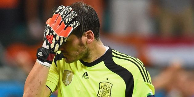 SALVADOR, BRAZIL - JUNE 13: Iker Casillas of Spain reacts after allowing the Netherlands fourth goal during the 2014 FIFA World Cup Brazil Group B match between Spain and Netherlands at Arena Fonte Nova on June 13, 2014 in Salvador, Brazil. (Photo by David Ramos/Getty Images)