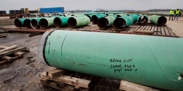 Pipes sit at the TransCanada Corp. Houston Lateral Project pipe yard in Mont Belvieu, Texas, U.S., on...