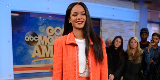 GOOD MORNING AMERICA - The Super Bowl Boulevard Blowout festivities continue on GOOD MORNING AMERICA, 1/28/14, airing on the ABC Television Network. Rihanna promotes her new lipstick and lip gloss, the sales of which supports those affected by HIV/AIDS globally. (Photo by Ida Mae Astute/ABC via Getty Images) RIHANNA