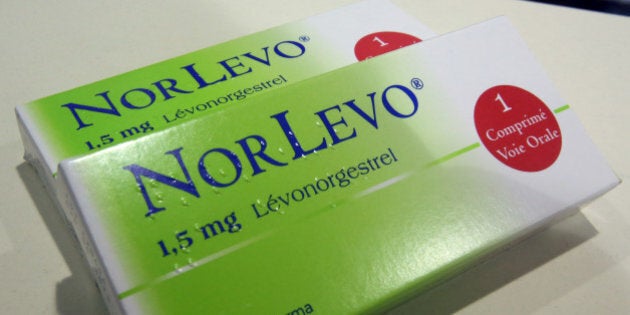 Boxes of Norlevo emergency contraceptive are sold in a pharmacy, west of Paris, Tuesday Nov. 26, 2013. HRA Pharma head of women?s health Frederique Welgryn told The Associated Press said it will warn women following the publication of results of a study of levonorgestrel. The French contraceptive maker said Tuesday its morning-after pill is ineffective when taken by women who weigh more than 80 kilograms (176 pounds). (AP Photo/Remy de la Mauviniere)