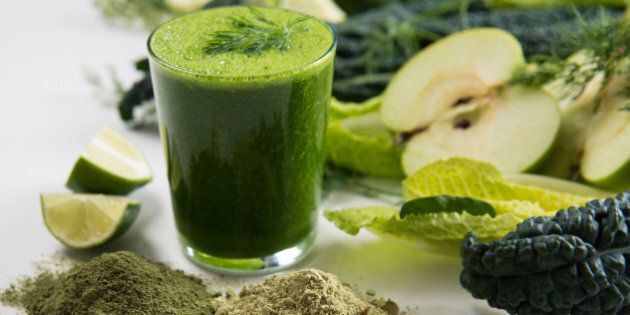 Fresh Juice Smoothie Made with Organic Greens, Spirulina, Protein Powders
