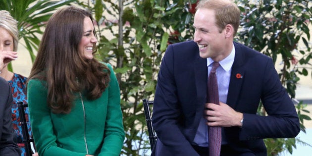 HAMILTON, NEW ZEALAND - APRIL 12: Prince William, Duke of Cambridge and Catherine, Duchess of Cambridge laugh on stage during a visit to the Avanti Drome on April 12, 2014 in Hamilton, New Zealand. The Duke and Duchess of Cambridge are on a three-week tour of Australia and New Zealand, the first official trip overseas with their son, Prince George of Cambridge. (Photo by Chris Jackson/Getty Images)