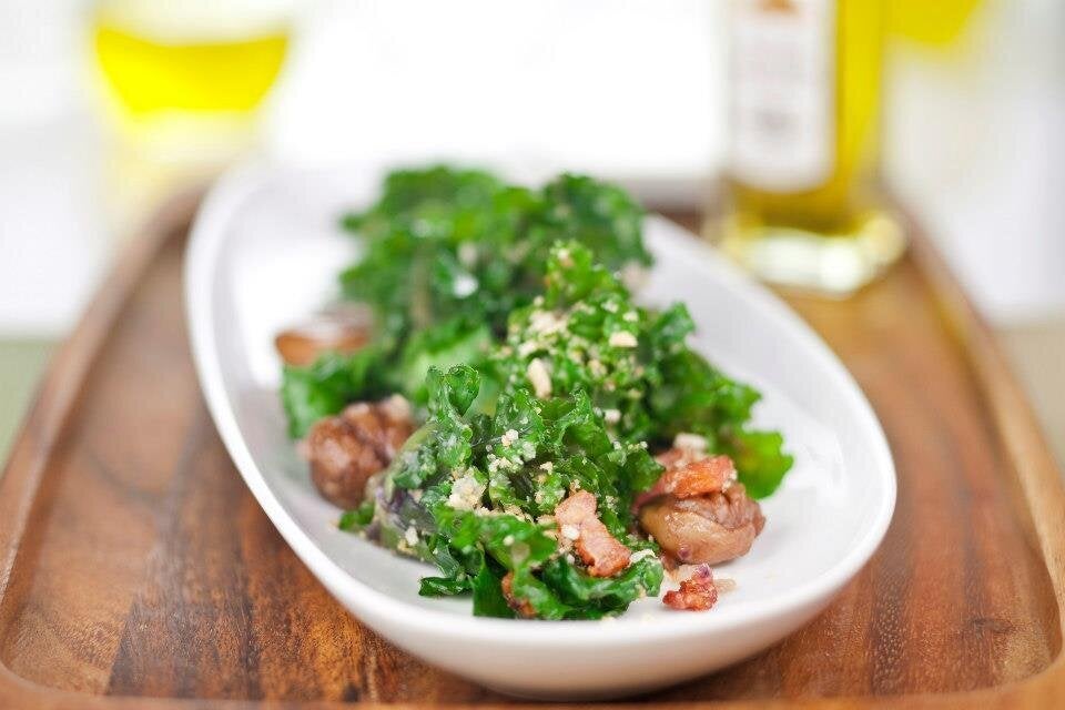 Christmas Flower Sprouts with Chestnuts, Pancetta and Truffle Oil