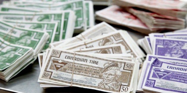 Canadian Tire Corp. money sits bundled together in stacks at a store in Toronto, Ontario, Canada, on Friday, Jan. 18, 2013. STCA - Statistics Canada is scheduled to release retail sales data on Jan. 21. Photographer: Reynard Li/Bloomberg via Getty Images