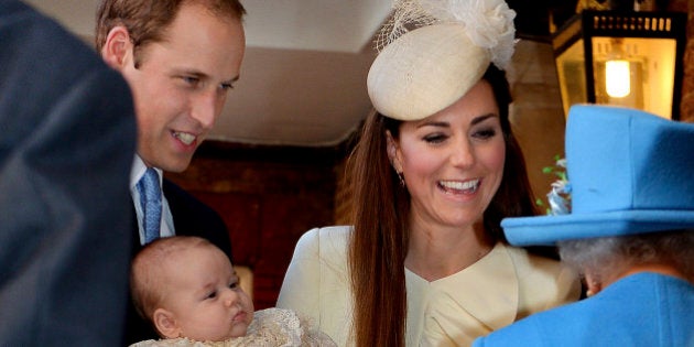 Britain's Queen Elizabeth II, right, speaks with Prince William and Kate Duchess of Cambridge as they arrive with their son Prince George at the Chapel Royal in St James's Palace, Wednesday Oct. 23, 2013. Britain's 3-month-old future monarch, Prince George will be christened Wednesday with water from the River Jordan at a rare four-generation gathering of the royal family in London. (AP Photo/John Stillwell/Pool)