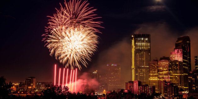 A shot of the Canada Day fireworks in Calgary. The fireworks were shot of the Centre Street bridge on the north side of downtown, and we were positioned up on McHugh Bluff to capture them with our fellow celebrants. (Non HDR)