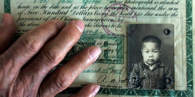 16/06/06-CHINESE HEAD TAX APOLOGY-James Pon, 88, photographed at his home in Toronto. He still has the original documents showing the Chinese Head Tax paid ($500), for each his mother and him, in 1922. Pon says he almost cries every time he speaks about his father, who borrowed the $1000 to bring the two to Canada, taking 17 years to repay the debt. James Pon was sent to live, and work, on his own at the age of twelve, because his family couldn't afford to keep him. On Wednesday, June 21st, James Pon and his wife, Vera Wong Pon, will be joining other Chinese immigrants on a historic train to Ottawa to attend an official statement of apology to be read by Prime Minister Stephen Harper in the House of Commons on the 22nd.(Photo by Peter Power/Toronto Star)pmp (Photo by Peter Power/Toronto Star via Getty Images)