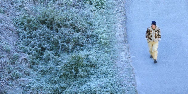 TORONTO, ON - OCTOBER 29: A man walks through the Don Valley underneath the Bloor Viaduct, wrapped up against the cold as he passes the frost covered grass.October 29, 2013. (Richard Lautens/Toronto Star via Getty Images)