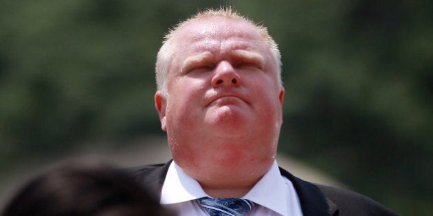 TORONTO, ON - JUNE 24: Toronto Mayor Rob Ford makes an appearance at the raising of the Rainbow flag to kick off Pride Week festivities on the Podium roof at City Hall. (Steve Russell/Toronto Star via Getty Images)