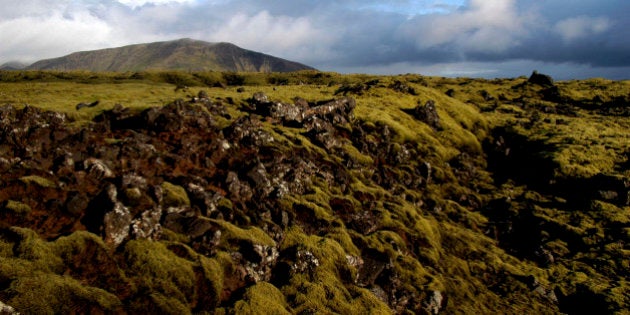 Iceland, Volcanic Landscape, View over green rocky landscape toward distant hill. (Photo by: Eye Ubiquitous/UIG via Getty Images)