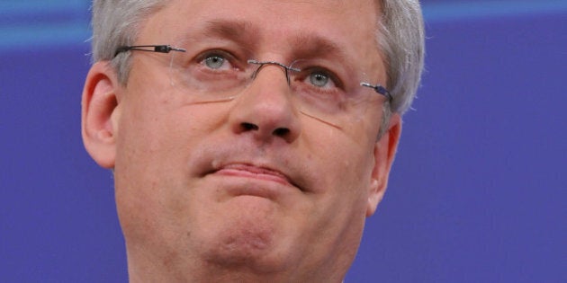 Canadian Prime Minister Stephen Harper speaks during a press conference with European Commission President after a signing ceremony of a free-trade accord more than four years in the making, on October 18, 2013 at the EU headquarters in Brussels. Many observers see a deal, which has proved difficult to conclude, as a possible template for EU talks with the United States on TTIP, the Transatlantic Trade and Investment Partnership which is touted as one of the biggest free-trade accords ever. AFP PHOTO / GEORGES GOBET (Photo credit should read GEORGES GOBET/AFP/Getty Images)