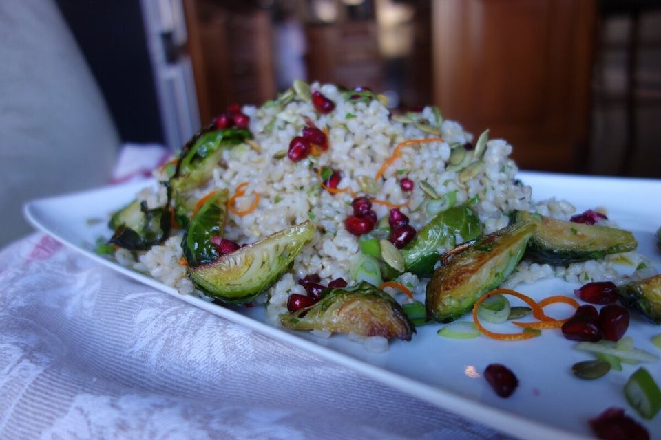 Brown Rice Brussels Sprouts and Pomegranate Salad