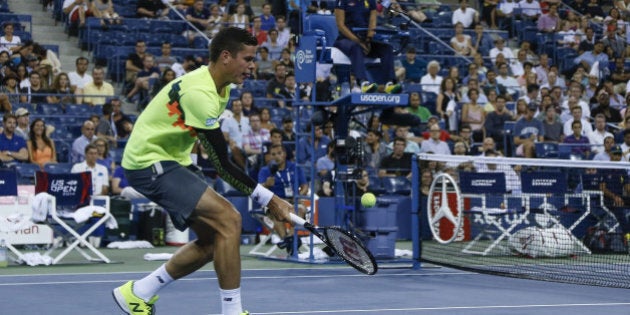 NEW YORK, NY - SEPTEMBER 01: Milos Raonic of Canada in action against Kei Nishikori (not seen) of Japan...